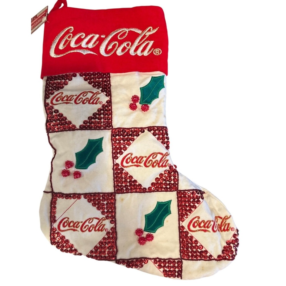 Coca-Cola Christmas Stocking Red Sequin Embroidered Holly Cavanagh NWT Vintage